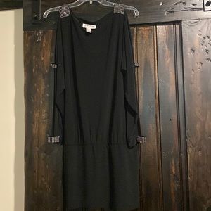 Joseph Ribkoff black cocktail dress with sequis on arms and shoulders